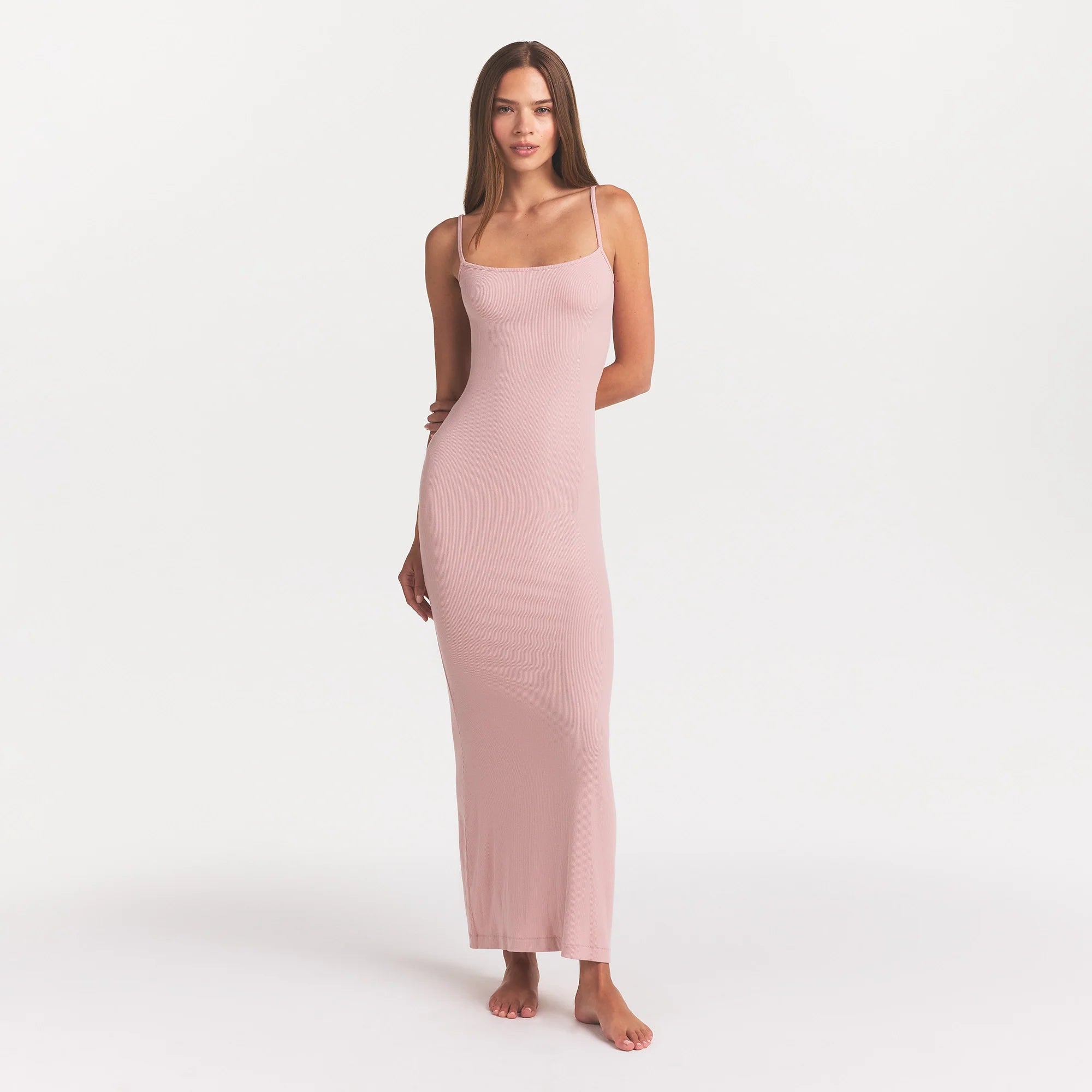 SOFT LOUNGE LONG SLIP DRESS | MORGANITE ON A MODEL FRONT VIEW @ | FOCUS: 0.0, 1.0, 0.9