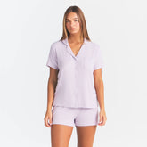 SOFT LOUNGE SHORT SLEEP SET | IRIS MICA ON A MODEL FRONT VIEW @ | FOCUS: 0.0, 1.0, 0.9