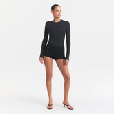 FITS EVERYBODY LONG SLEEVE CREW NECK BODYSUIT | ONYX ON A MODEL FRONT VIEW @ | FOCUS: 0.0, 1.0, 0.9
