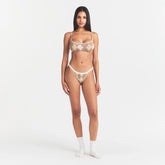 LIGHTWEIGHT COTTON LOGO PICOT STRING BIKINI | CAFE ARGYLE PRINT ON A MODEL FRONT VIEW @ | FOCUS: 0.0, 1.0, 0.9