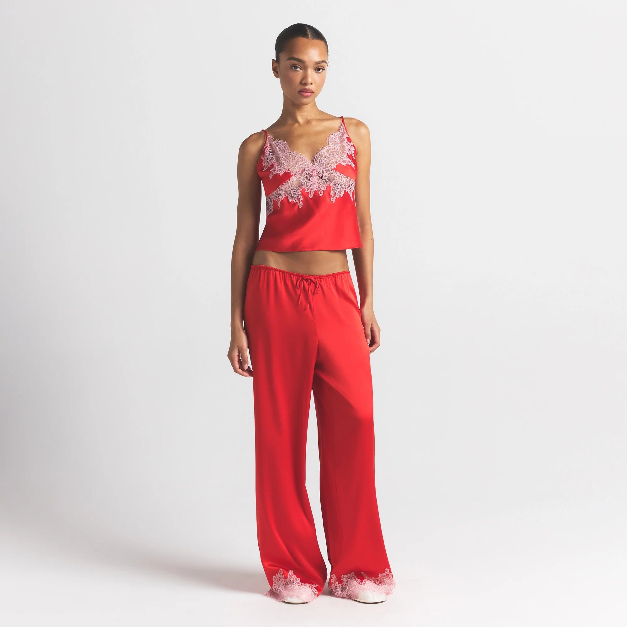 SILK LACE PANT | RUBY CONTRAST ON A MODEL FRONT VIEW @ | FOCUS: 0.0, 1.0, 0.9