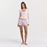 VOILE SLEEP BLOOMER SHORT | LIGHT LILAC ON A MODEL FRONT VIEW @ | FOCUS: 0.0, 1.0, 0.9