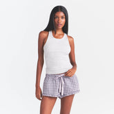 COTTON POPLIN SLEEP RUFFLE SHORT | IRIS MICA NAVY CHECK ON A MODEL | FOCUS: 0.0, 1.0, 0.9