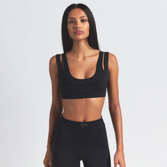 NikeSKIMS MATTE DOUBLE STRAP SCOOP BRA | OBSIDIAN ON A MODEL FRONT VIEW @ | FOCUS: 0.9, 0.1, 0.7