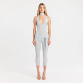CUPRO JERSEY HALTER BODYSUIT | PEARL ON A MODEL FRONT VIEW @ | FOCUS: 0.0, 1.0, 0.9