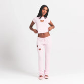 WORN IN JERSEY HEART STRAIGHT LEG PANT | BABY PINK ON A MODEL FRONT VIEW @ | FOCUS: 0.0, 1.0, 0.9
