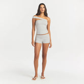 COTTON JERSEY FOLDOVER SHORT | LIGHT HEATHER GREY ON A MODEL FRONT VIEW @ | FOCUS: 0.0, 1.0, 0.9