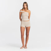 COTTON JERSEY FOLDOVER SHORT | STONE ON A MODEL FRONT VIEW @ | FOCUS: 0.0, 1.0, 0.9
