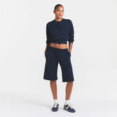 COTTON FLEECE LONG SHORT | NAVY ON A MODEL FRONT VIEW @ | FOCUS: 0.0, 1.0, 0.9