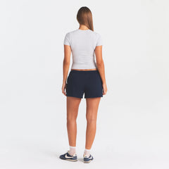 COTTON FLEECE CLASSIC SHORT | NAVY ON A MODEL FRONT VIEW @ | FOCUS: 0.0, 1.0, 0.9