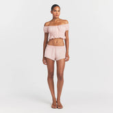 COTTON POPLIN SHORT | DUSTY PINK ON A MODEL FRONT VIEW @ | FOCUS: 0.0, 1.0, 0.9