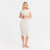 RIB KNIT LACE MIDI SKIRT | EGRET ON A MODEL FRONT VIEW @ | FOCUS: 0.0, 1.0, 0.9