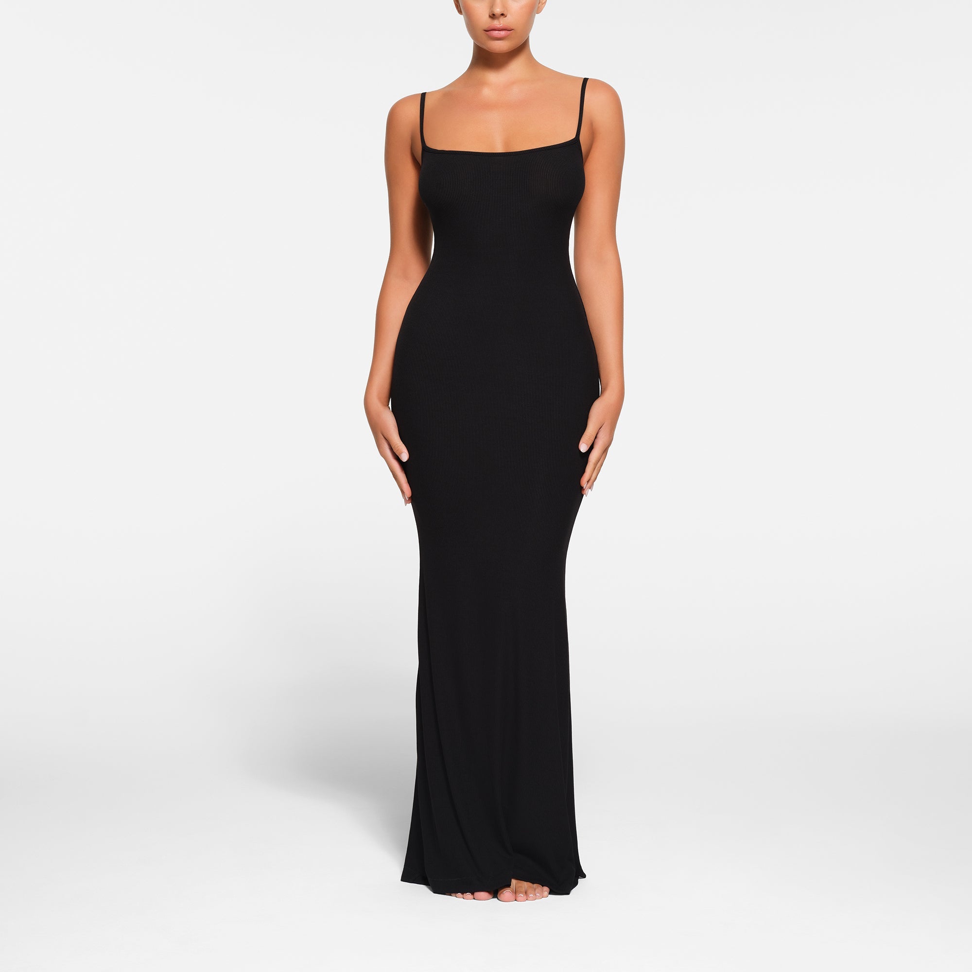 SOFT LOUNGE PETITE LONG SLIP DRESS WORN BY A MODEL IN FRONT VIEW