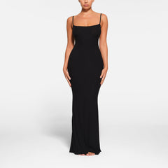 SOFT LOUNGE PETITE LONG SLIP DRESS WORN BY A MODEL IN FRONT VIEW