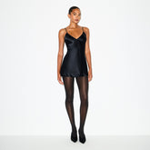 HEAVYWEIGHT SATIN CAMI MINI DRESS | ONYX ON A MODEL FRONT VIEW @ | FOCUS: 0.0, 1.0, 0.9