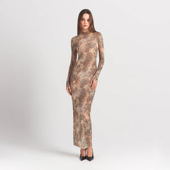 MILKY SHEER MOCK NECK LONG SLEEVE LONG DRESS | SAND MULTI ANIMAL ON A MODEL FRONT VIEW @ | FOCUS: 0.0, 1.0, 0.9