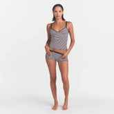 LIGHTWEIGHT COTTON LOGO PICOT CAMI AND BOY SHORT SET | CURRANT FEEDER STRIPE ON A MODEL FRONT VIEW @ | FOCUS: 0.0, 1.0, 0.9