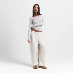 SHEER MODAL LONG SLEEVE BOATNECK TOP | HEATHER GREY ON A MODEL FRONT VIEW S | FOCUS: 0.0, 1.0, 0.9