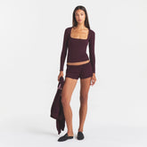 COTTON JERSEY SCOOP NECK LONG SLEEVE TOP | CURRANT ON A MODEL | FOCUS: 0.0, 1.0, 0.9