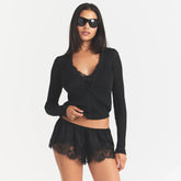 SHEER KNIT CARDIGAN | ONYX ON A MODEL FRONT VIEW @ | FOCUS: 0.0, 1.0, 0.9