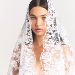 SKIMS LACE VEIL | SNOW ON A MODEL SIDE VIEW @ | FOCUS: 0.0, 1.0, 0.9