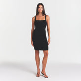 REFINED KNIT MIDI DRESS | OBSIDIAN ON A MODEL FRONT VIEW @ | FOCUS: 0.0, 1.0, 0.9
