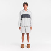 FLEECE LOUNGE MENS RUGBY POLO | LIGHT HEATHER GREY ON A MODEL | FOCUS: 0.0, 1.0, 0.9