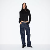 WOOL CASHMERE ZIP UP MOCK NECK SWEATER | ONYX ON A MODEL FRONT VIEW @ | FOCUS: 0.0, 1.0, 0.9