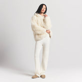 FAUX FUR HOODIE | EGRET ON A MODEL FRONT VIEW @ | FOCUS: 0.0, 1.0, 0.9