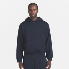 FLEECE LOUNGE MENS RELAXED HOODIE | NAVY ON A MODEL FRONT VIEW @ | FOCUS: 0.0, 1.0, 0.9