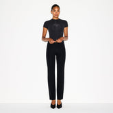 THE ESSENTIAL COLLECTION HIGH-WAISTED PINTUCK STRAIGHT LEG PANT | OBSIDIAN ON A MODEL FRONT VIEW @ | FOCUS: 0.0, 1.0, 0.9