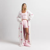 COZY KNIT UNISEX ROBE | IVORY SPACED HEARTS ON A MODEL FRONT VIEW @ | FOCUS: 0.0, 1.0, 0.9