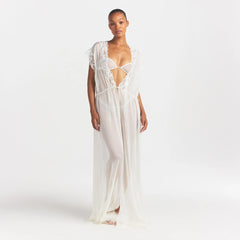SKIMS ROMANCE LONG ROBE | IVORY ON A MODEL FRONT VIEW @ | FOCUS: 0.0, 1.0, 0.9