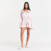 WOVEN SHINE ROBE | BARELY PINK SNACK BAG ON A MODEL FRONT VIEW @ | FOCUS: 0.0, 1.0, 0.9