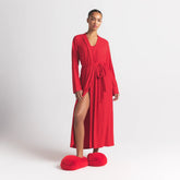 SOFT LOUNGE LONG ROBE | CHERRY ON A MODEL FRONT VIEW @ | FOCUS: 0.0, 1.0, 0.9