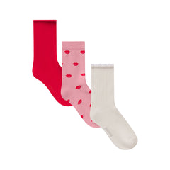 VALENTINES SOCK 3-PACK | HALITE LIPS PRINT MULTI FLAT ON A WHITE BACKGROUND