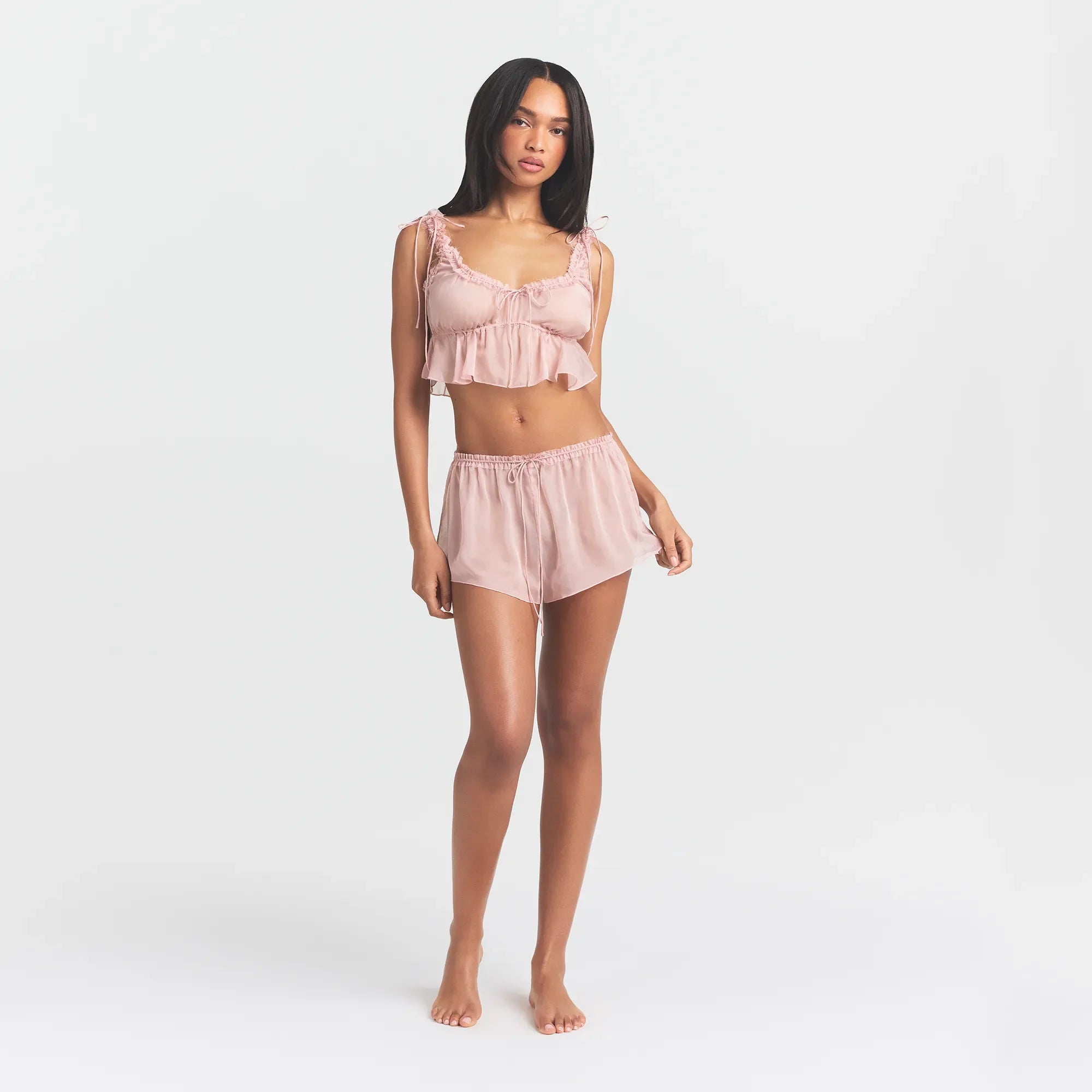 SKIMS ROMANCE BABYDOLL AND SHORT SET | MORGANITE ON A MODEL FRONT VIEW @ | FOCUS: 0.0, 1.0, 0.9