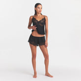 SILK LACE CAMI | ONYX ON A MODEL FRONT VIEW @ | FOCUS: 0.0, 1.0, 0.9