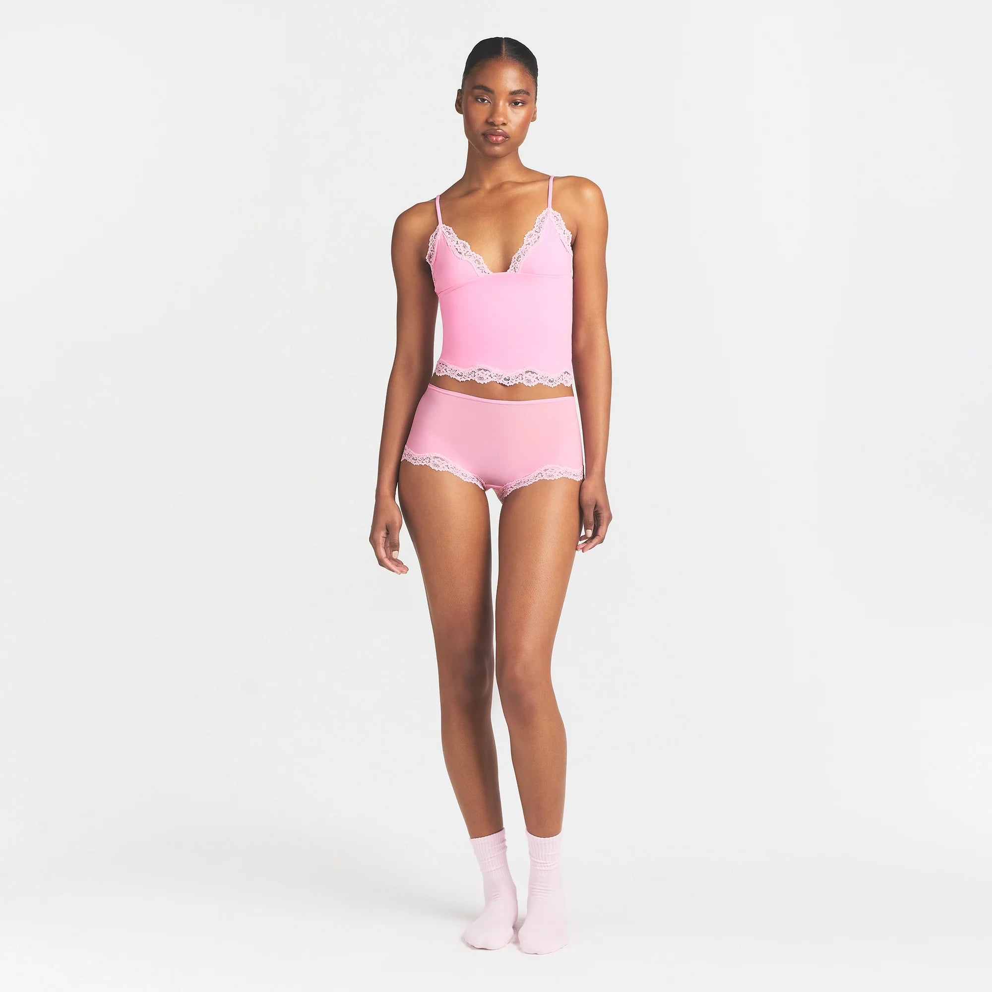 FITS EVERYBODY LACE TRIANGLE CAMI AND BOY SHORT SET | BUBBLE GUM TONAL ON A MODEL FRONT VIEW @ | FOCUS: 0.0, 1.0, 0.9