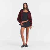 OUTDOOR FLANNEL OVERSIZED HOODED SHIRT | MERLOT CABIN PLAID ON A MODEL | FOCUS: 0.0, 1.0, 0.9