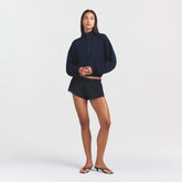 DRAPEY FRENCH TERRY HALF ZIP | NAVY ON A MODEL FRONT VIEW @ | FOCUS: 0.0, 1.0, 0.9