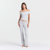 COTTON JERSEY OFF THE SHOULDER TOP | LIGHT HEATHER GREY ON A MODEL FRONT VIEW @ | FOCUS: 0.0, 1.0, 0.9