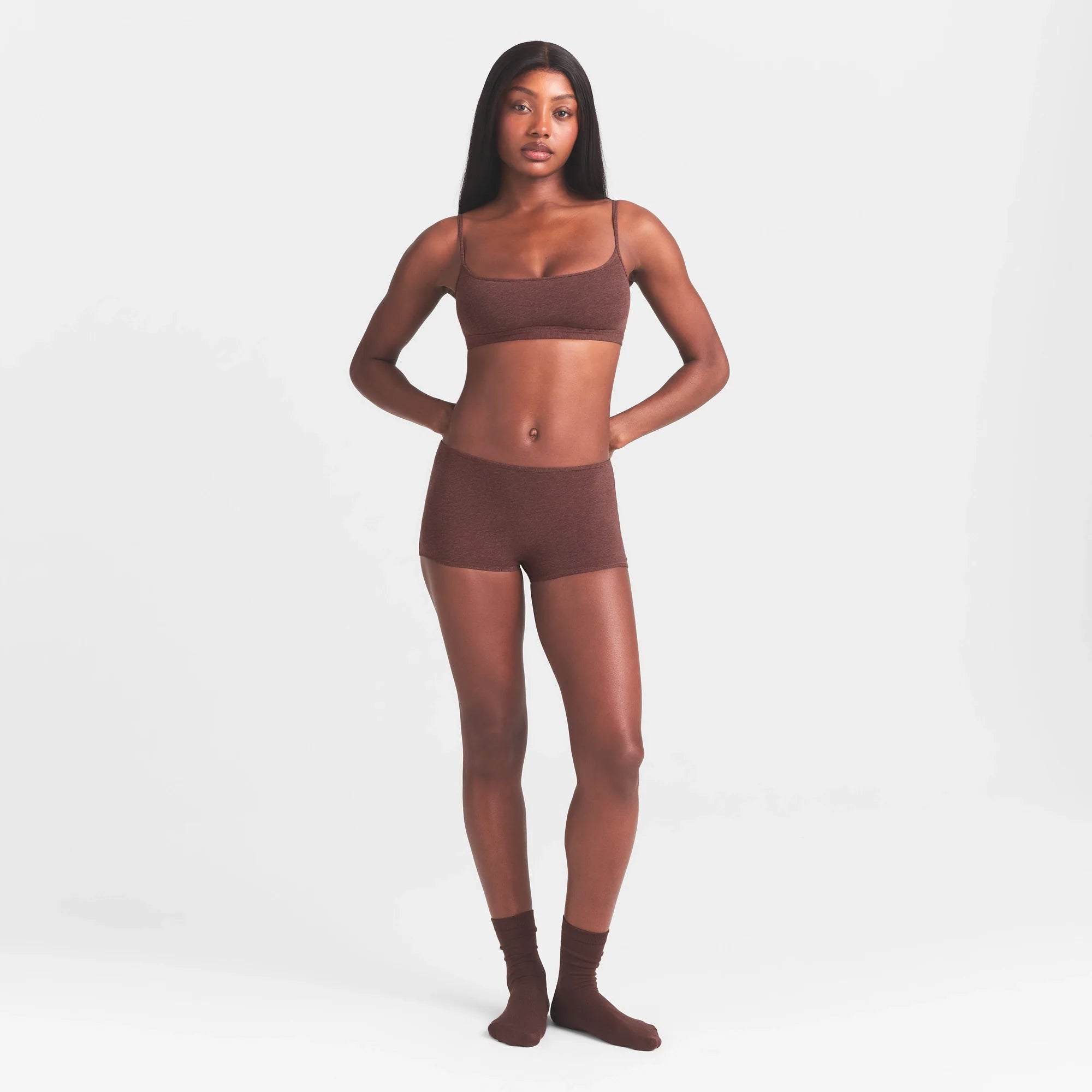 EVERYDAY COTTON BOY SHORT | COCOA HEATHER ON A MODEL FRONT VIEW @ | FOCUS: 0.0, 1.0, 0.9