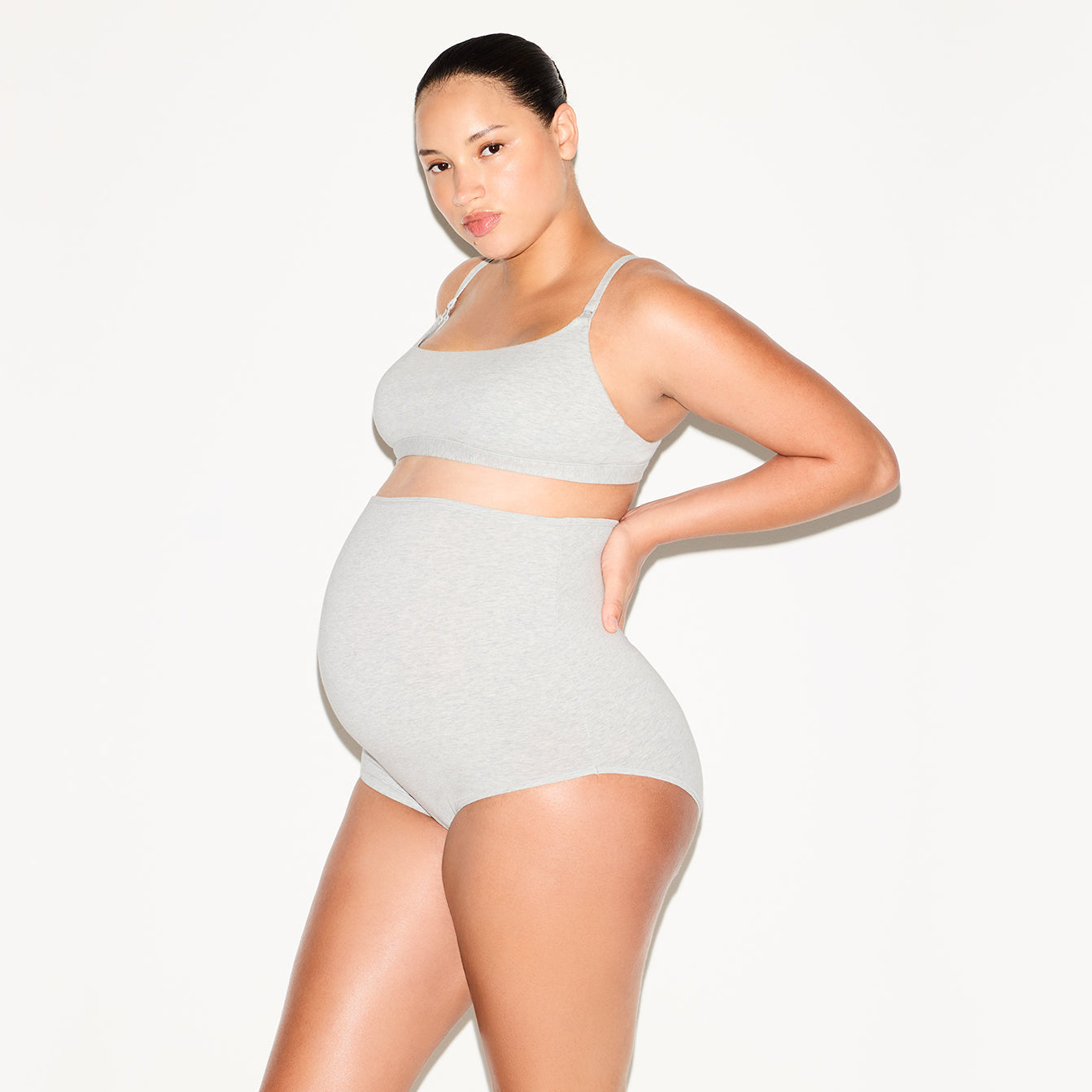 COTTON JERSEY MATERNITY HIGH-WAISTED BRIEF 5-PACK | LIGHT HEATHER GREY ON A MODEL SIDE VIEW @ | FOCUS: 0.0, 1.0, 0.9