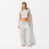 COTTON JERSEY WIDE LEG PANT | LIGHT HEATHER GREY ON A MODEL FRONT VIEW @ | FOCUS: 0.0, 1.0, 0.9