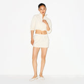 OUTDOOR FLEECE SHRUNKEN ZIP UP JACKET | ECRU ON A MODEL FRONT VIEW @ | FOCUS: 0.0, 1.0, 0.9