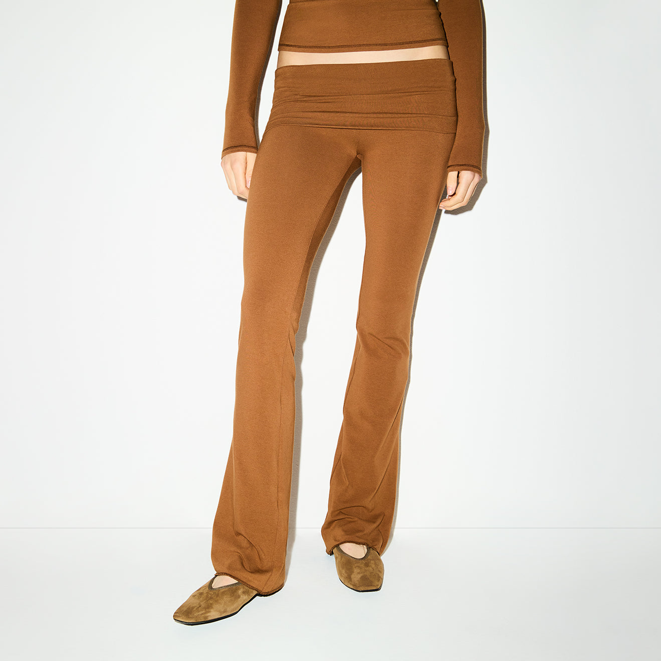 COTTON JERSEY FOLDOVER PANT | CHAI ON A MODEL FRONT VIEW @ | FOCUS: 0.0, 1.0, 0.9