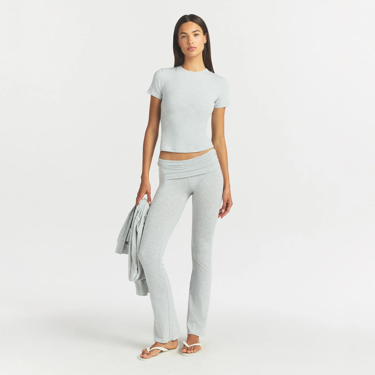 COTTON JERSEY FOLDOVER PANT | LIGHT HEATHER GREY ON A MODEL FRONT VIEW @ | FOCUS: 0.0, 1.0, 0.9