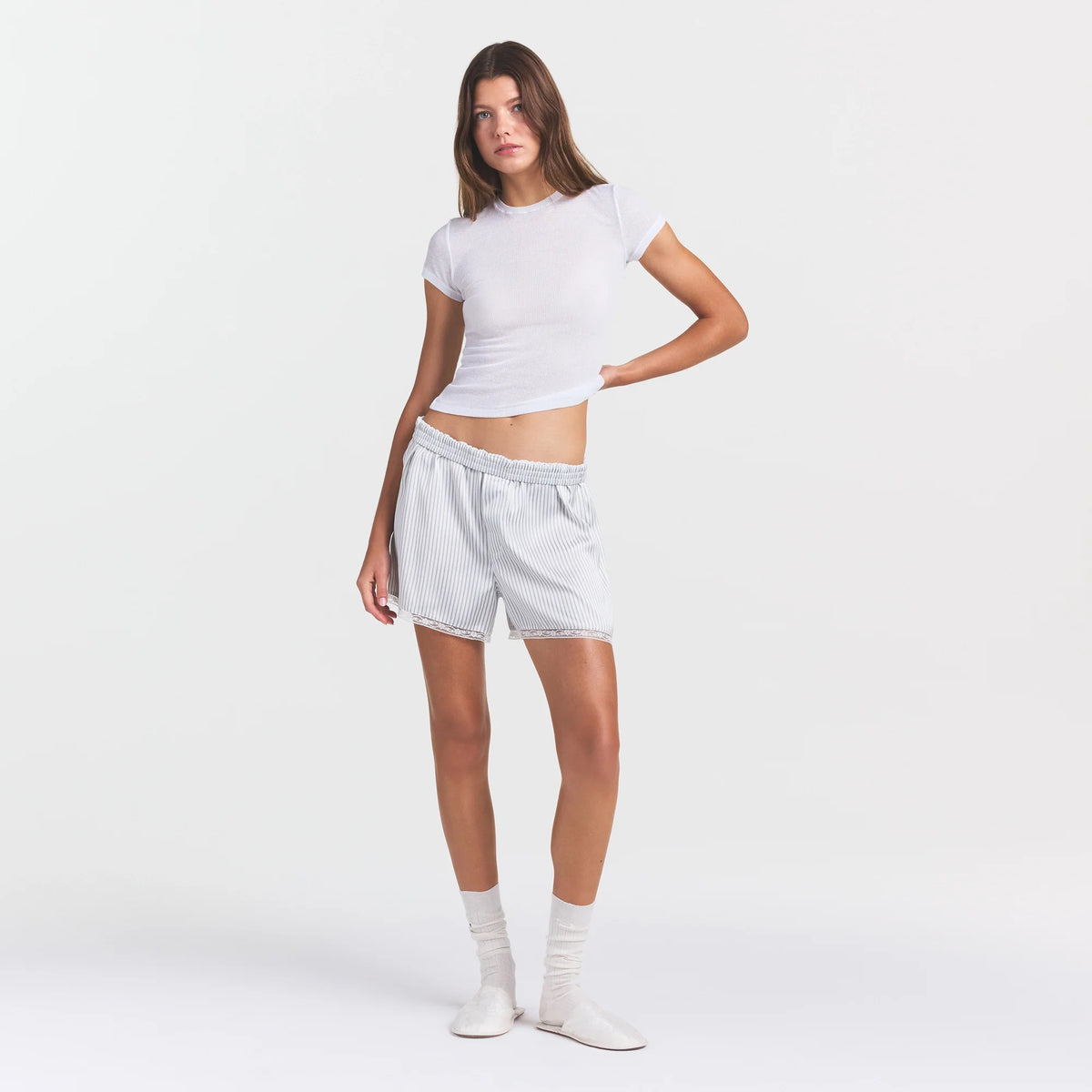 WOVEN SHINE LACE BOXER | SILVER TRIPLE PINSTRIPE ON A MODEL SIDE VIEW @ | FOCUS: 0.0, 1.0, 0.9