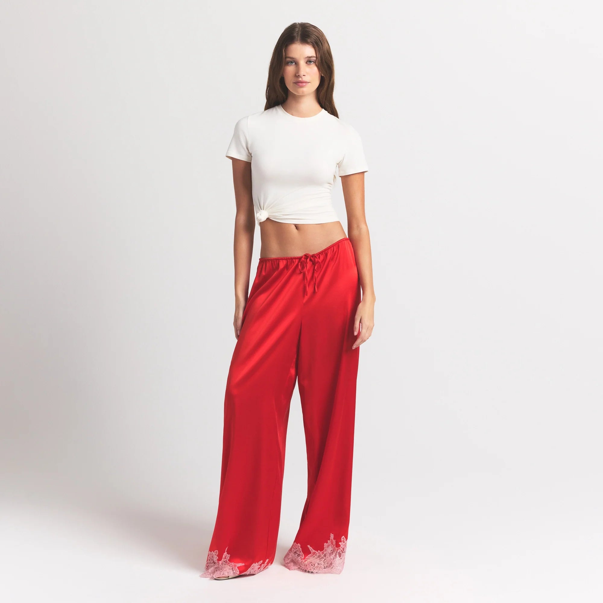 SILK LACE PANT | RUBY CONTRAST ON A MODEL FRONT VIEW @ | FOCUS: 0.0, 1.0, 0.9